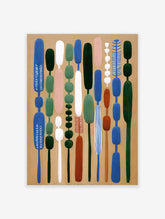 Abstract wall art with vertical organic shapes in blue, green, pink, white, and rust on a tan background