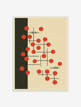 Abstract wall art with red circles and black lines on a beige background, with a solid black vertical bar on the left.