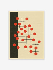 Abstract wall art with red circles and black lines on a beige background, with a solid black vertical bar on the left.