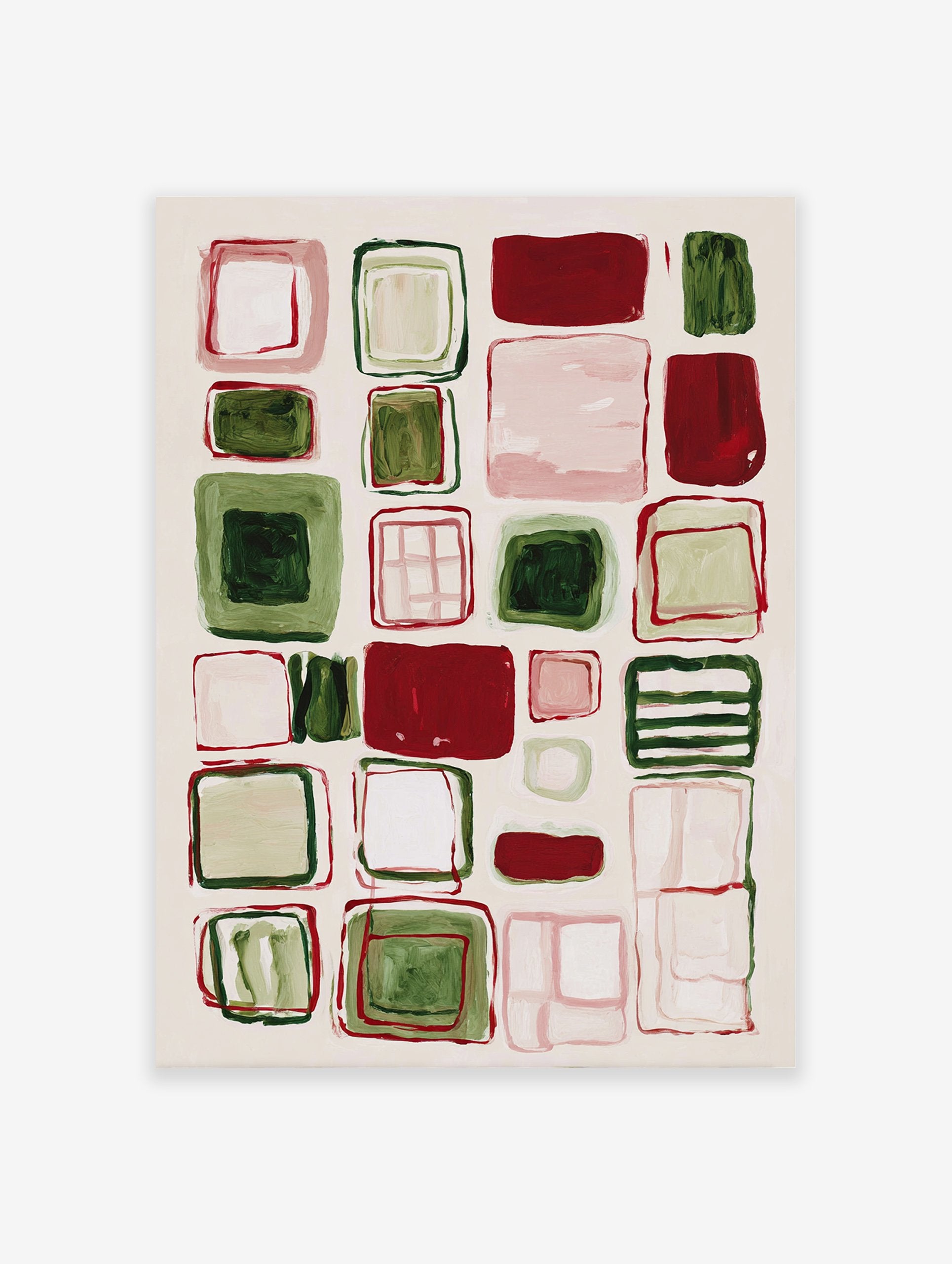 Abstract wall art painting with red, green, and pink geometric rounded squares and rectangles on a light background.