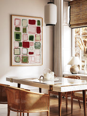 Abstract wall art painting with red, green, and pink geometric rounded squares and rectangles on a light background. - Image 2