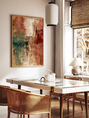 Abstract art print with textured terracotta, beige, and teal brushstrokes, in a styled room mockup