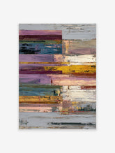 Abstract textured wall art print with horizontal blocks of purple, blue, yellow, and grey colours