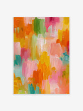 Vibrant abstract wall art with vertical multi-color brushstrokes in pink, orange, yellow, green, and blue hues.