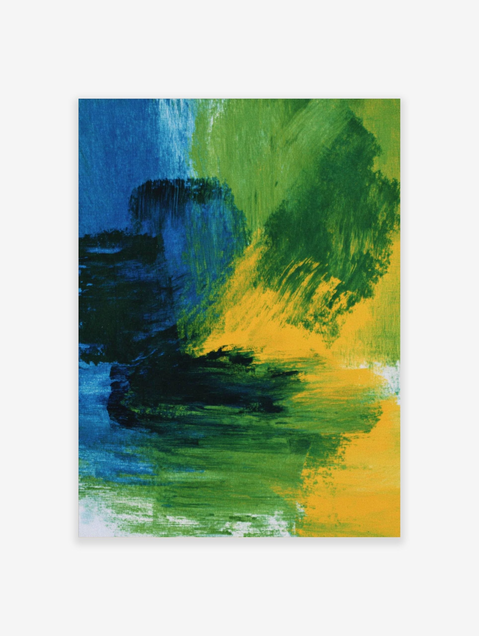 Abstract wall art print with bold blue, green, and yellow painterly brushstrokes and dynamic composition