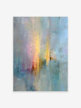 Abstract wall art print with vertical strokes of blue, yellow, pink, and red, textured appearance