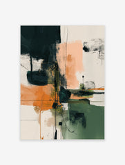 Abstract art print with teal, orange, green, and peach colour blocks, accented by black lines and brushstrokes