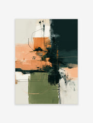 Abstract wall art print with dark teal, peach, and sage green colour blocks and thin black lines