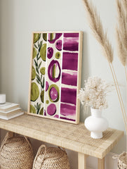 Abstract art print with green leaves, magenta and olive green brushstroke circles, and, in an alternate framed mockup