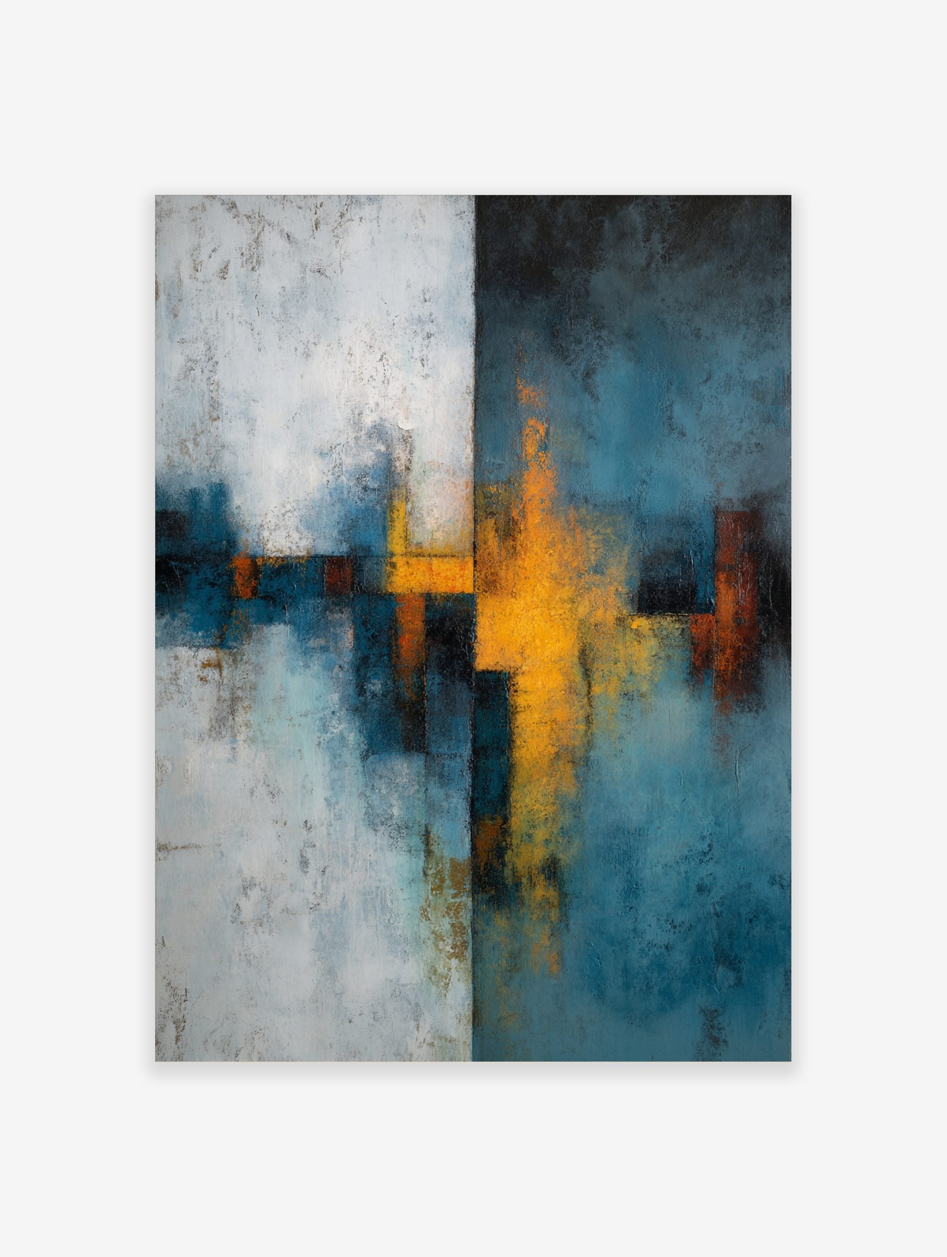 Abstract wall art print with textured blue-teal, yellow, and white intersecting shapes and forms