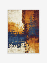 Abstract wall art print with distressed textures in ochre, deep blue, reddish-brown, and off-white