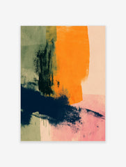 Abstract art print with bold orange, navy blue, and muted green brushstrokes on textured paper background
