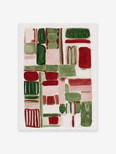 Abstract wall art print with red, green, and pink organic block shapes on a light background.