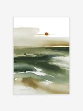 Abstract watercolour landscape wall art with deep green and beige washes, and a reddish-brown circle