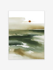 Abstract watercolour landscape wall art with deep green and beige washes, and a reddish-brown circle