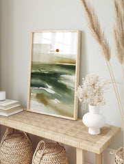Abstract watercolour landscape wall art with deep green and beige washes, and a reddish-brown, in an alternate framed mockup