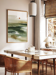 Abstract watercolour landscape wall art with deep green and beige washes, and a reddish-brown circle, in a styled room mockup
