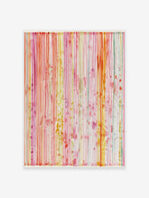 Abstract watercolour wall art with vertical pink, orange, and yellow dripping stripes on a light background