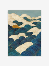 Abstract wave art print with blue, cream, and gold lines on a teal background, featuring stylized, rolling wave patterns.