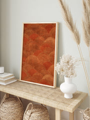 Abstract Japanese-inspired wave pattern wall art in orange and cream tones on premium satin, in an alternate framed mockup