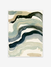 Abstract watercolor wall art with flowing wave shapes in blue, green, and beige on a cream background