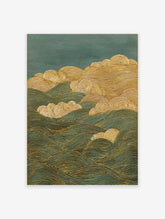 Abstract wave wall art with gold lines depicting ocean waves and stylized clouds on a deep teal background in Japanese style.