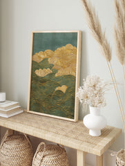 Abstract wave wall art with gold lines depicting ocean waves and stylized clouds on a deep teal background in Japanese style. - Image 3