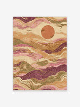 Abstract wavy landscape art print with layered hills in pink, green, and purple, featuring an orange sun