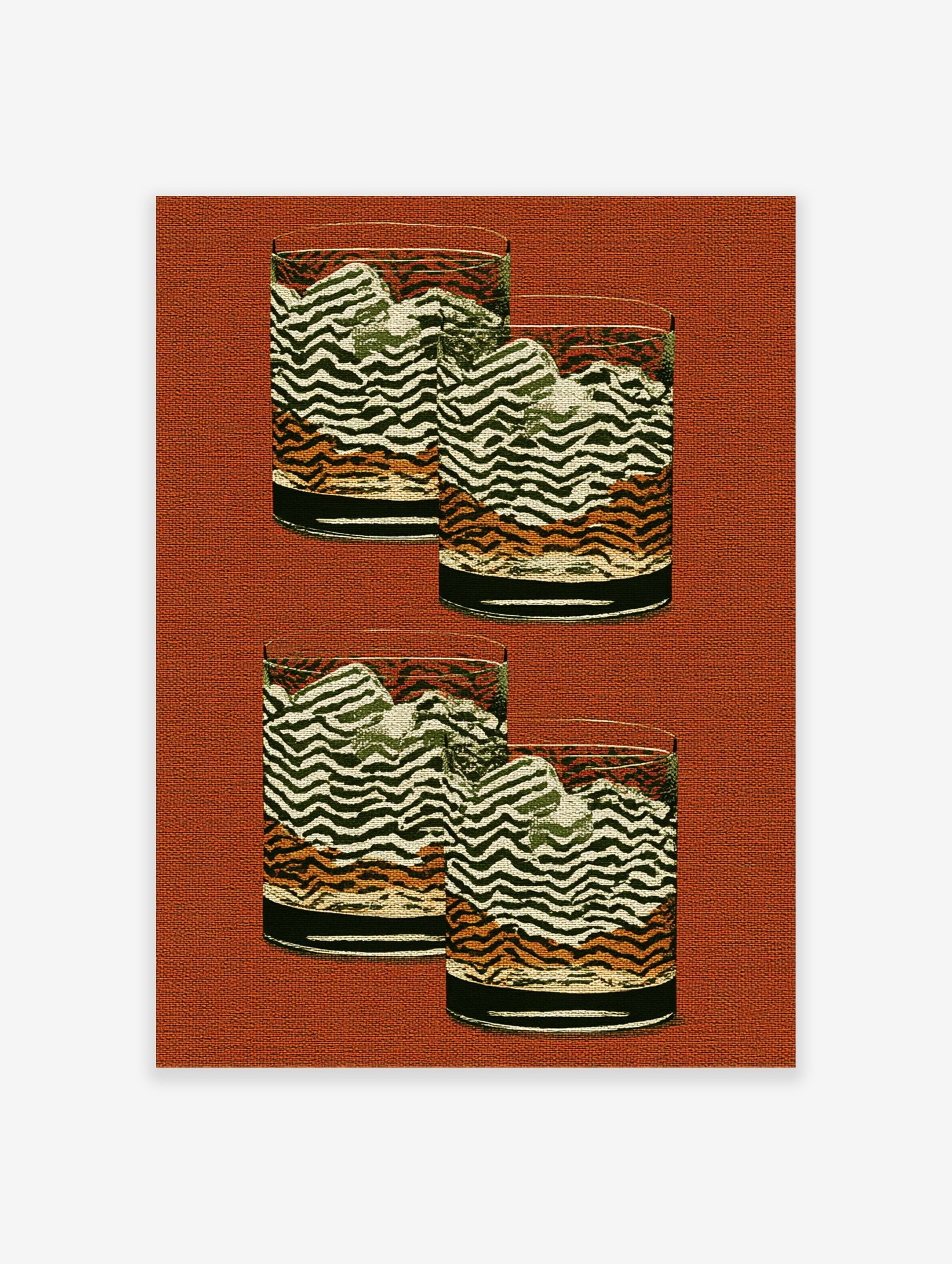 Four glasses with abstract wavy green, white, and orange patterns on a textured rust-red background