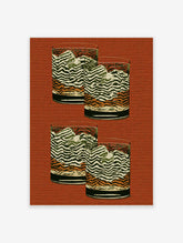 Four glasses with abstract wavy green, white, and orange patterns on a textured rust-red background