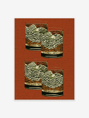 Four glasses with abstract wavy green, white, and orange patterns on a textured rust-red background