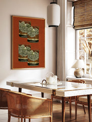 Four glasses with abstract wavy green, white, and orange patterns on a textured rust-red background, in a styled room mockup
