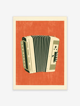 Retro accordion illustration poster with cream and olive green instrument on orange background