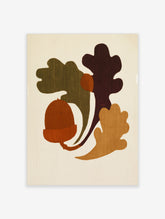 Minimalist illustrative art print featuring an acorn and oak leaves in earthy orange, green, and burgundy tones