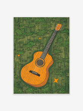 Illustrative acoustic guitar with orange body on textured green background with scattered orange stars