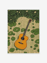 Illustrative art print of an acoustic guitar floating on water with green lily pads, foliage, and star flowers