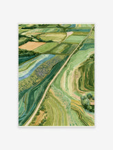 Aerial landscape art print featuring a patchwork of green fields, winding paths, and textured countryside details