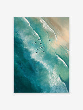 Aerial view poster of surfers on white surfboards in clear blue-green ocean water with waves near a sandy beach, painted style.