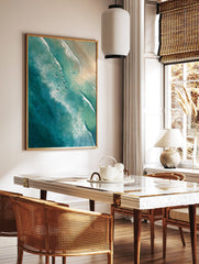 Aerial view poster of surfers on white surfboards in clear blue-green ocean water with waves near a sandy beach, painted style. - Image 2