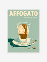 Affogato poster with espresso over gelato in a glass, spoon, and coffee beans on a teal background