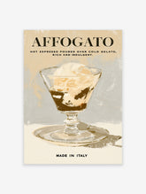 Affogato poster with painted espresso over gelato in a glass and bold typography on beige background
