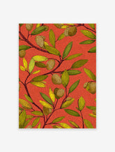 Vibrant African botanical wall art pattern with orange background, green leaves, and textured golden fruits/seeds.