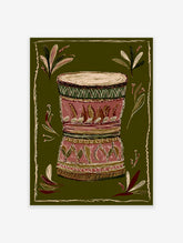 African drum illustration with tribal patterns on a dark green background, surrounded by decorative leaves and a border.