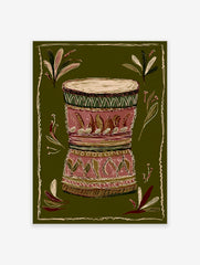 African drum illustration with tribal patterns on a dark green background, surrounded by decorative leaves and a border.