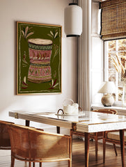 African drum illustration with tribal patterns on a dark green background, surrounded by decorative leaves and a border. - Image 2