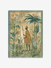African King Wall Art illustration with a regal figure holding a spear and shield amidst lush tropical jungle foliage.