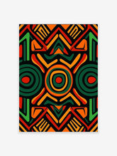 African pattern poster with geometric tribal art in red, green, and orange on a black background.