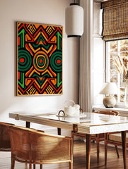 African pattern poster with geometric tribal art in red, green, and orange on a black background. - Image 2