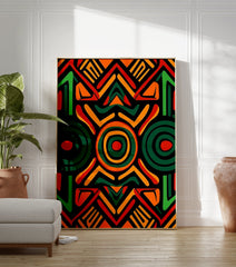 African pattern poster with geometric tribal art in red, green, and orange on a black background. - Image 3