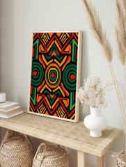 African pattern poster with geometric tribal art in red, green, and orange on a black background. - Image 4
